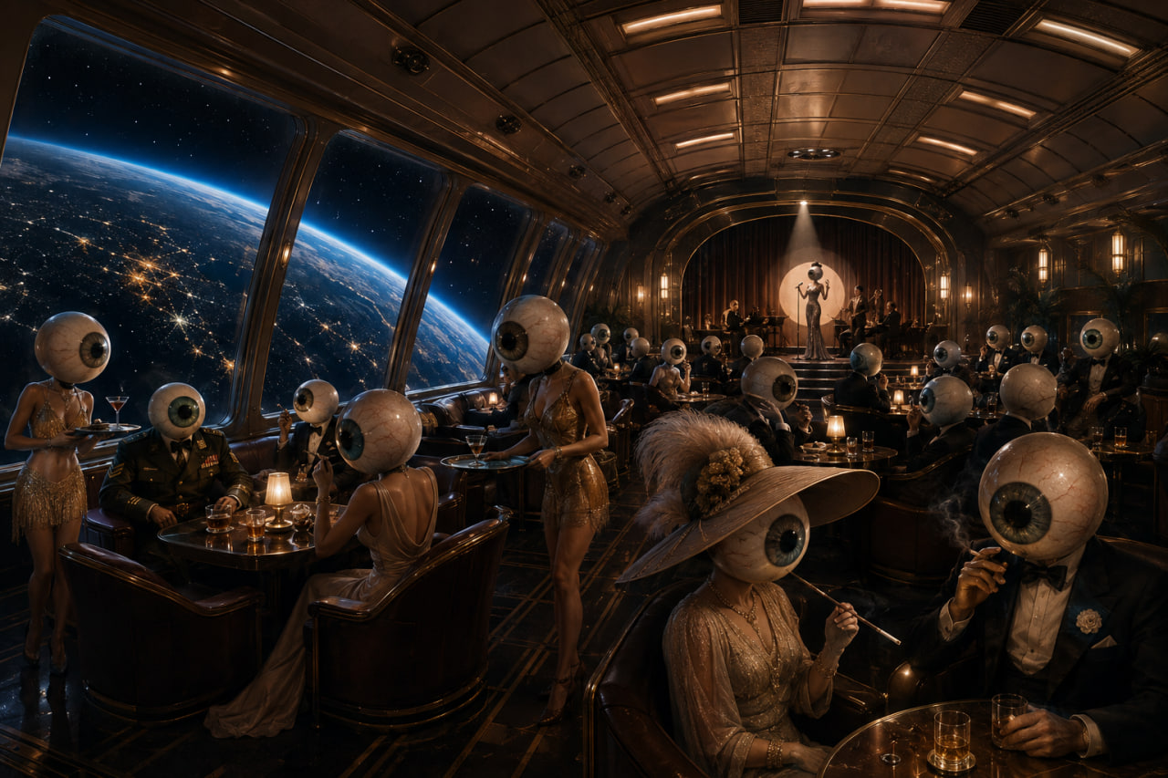 An orbital lounge car. Passengers with enormous eyeball heads drink and smoke at tables while Earth turns beyond a bank of tall windows.